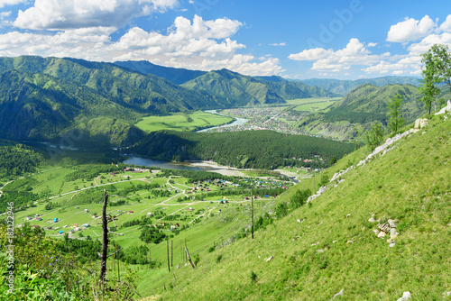 View of Chemal village from mountain Camel. Altai Republic, Russia