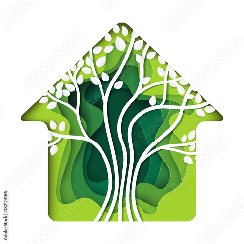 Green living house with tree abstract paper art background.Ecology and environment conservation with nature concept.Vector illustration.