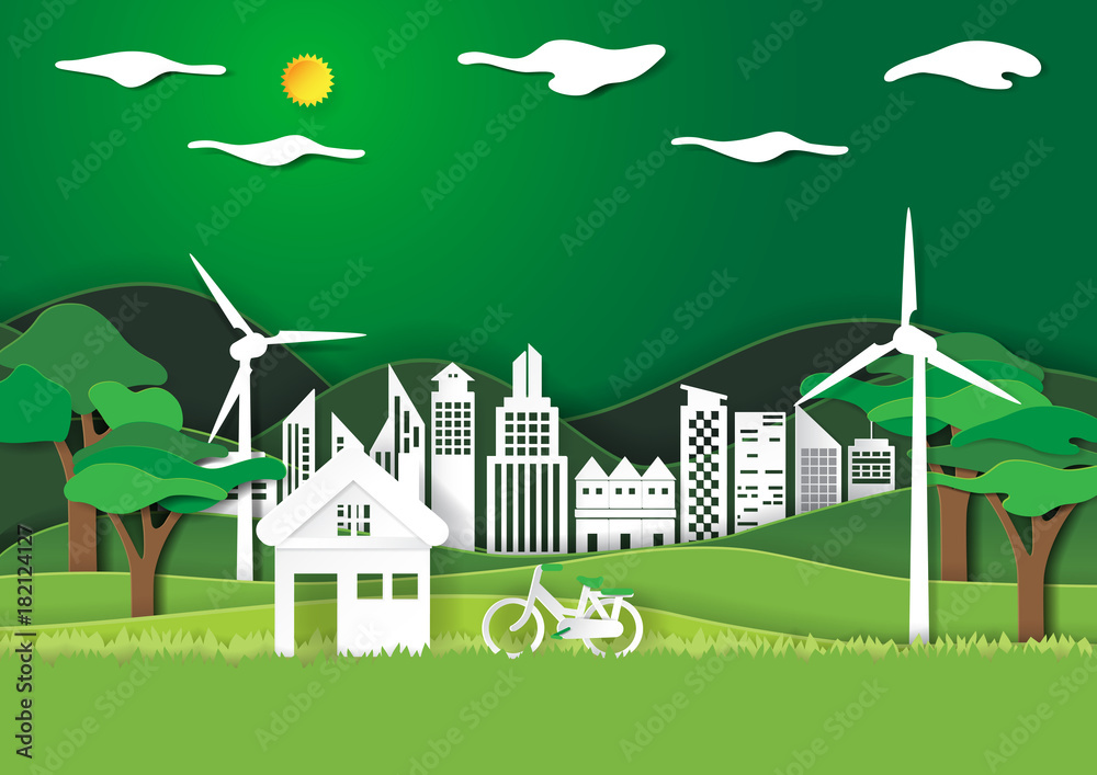 Eco green cityscape.Nature landscape and environment conservation paper art style design template.Vector illustration.