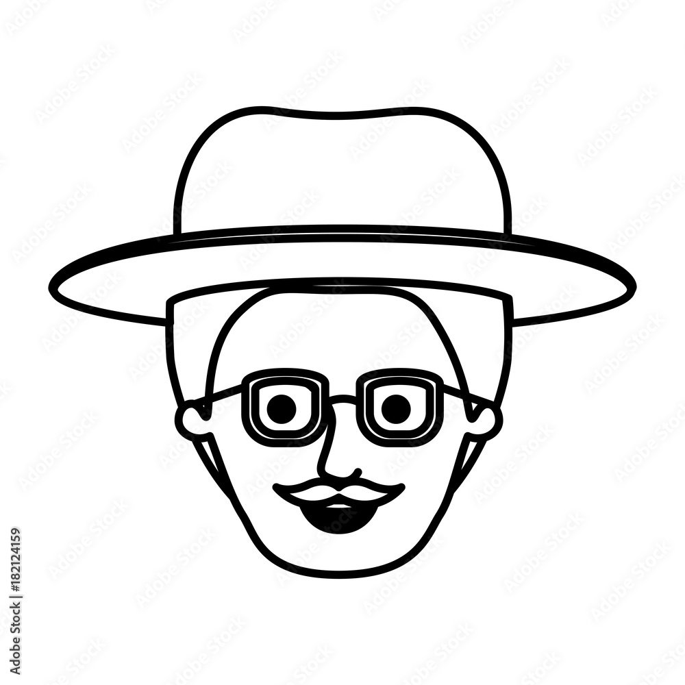 male face with hat and glasses and style handlebar moustache in monochrome silhouette vector illustration male face with hat and glasses and style handlebar moustache in monochrome silhouette vector illustration