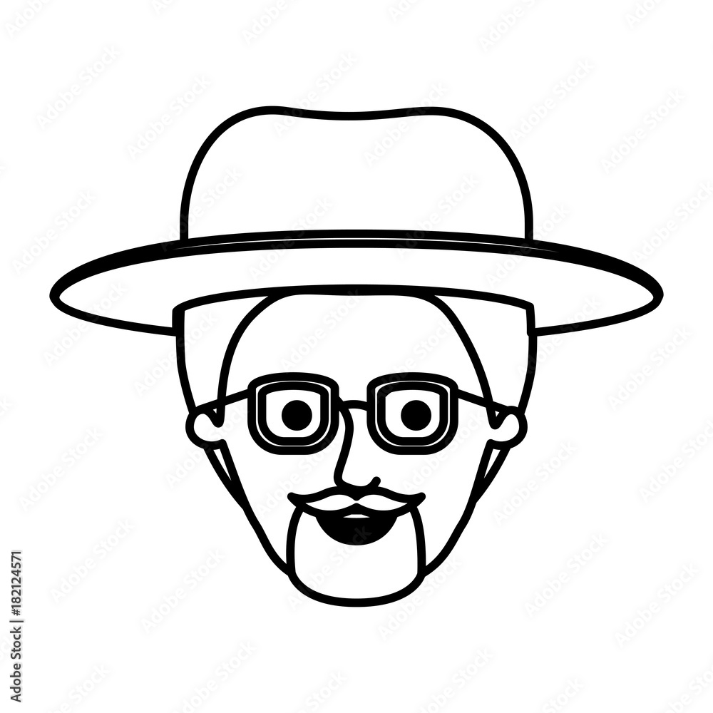 male face with glasses and short hair and hat and van dyke beard in monochrome silhouette vector illustration