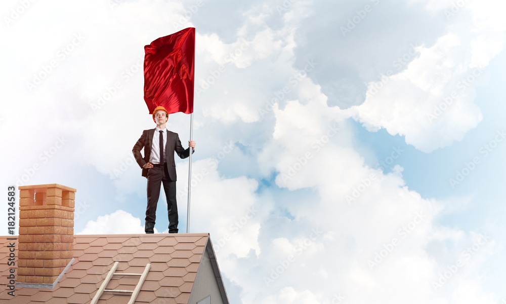 Young businessman with flag presenting concept of leadership. Mixed media Young businessman with flag presenting concept of leadership. Mixed media
