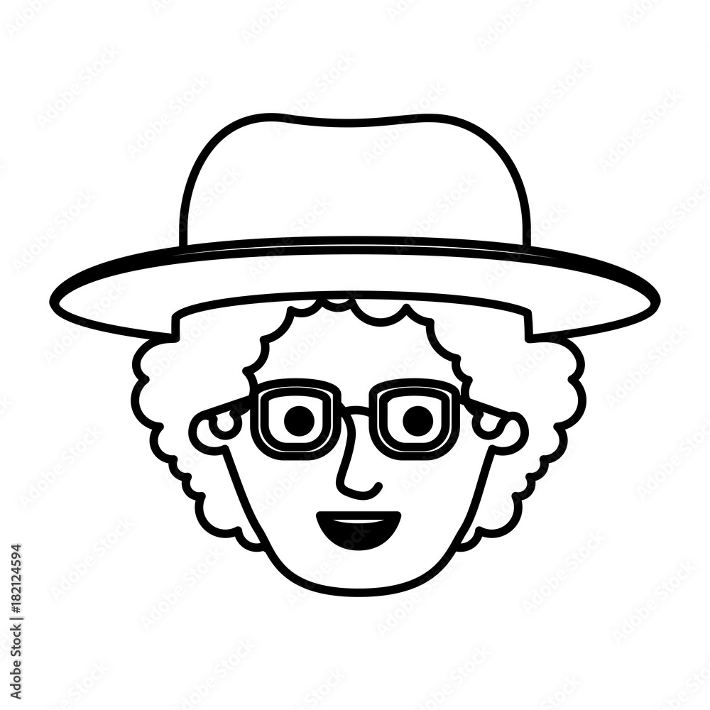 male face with glasses and curly hair and hat in monochrome silhouette vector illustration