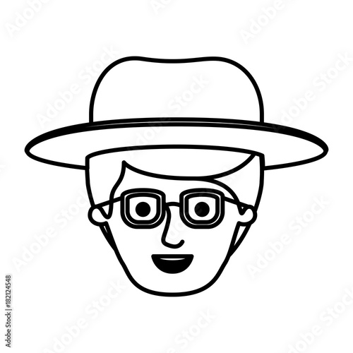 male face with glasses and fringe up hair and hat in monochrome silhouette vector illustration