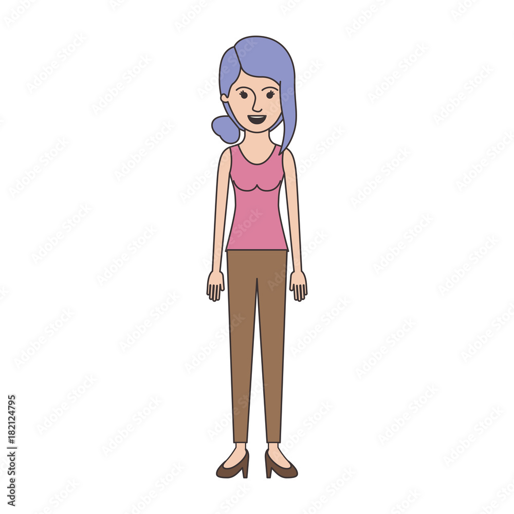 woman full body with t-shirt sleeveless and pants and heel shoes with collected hair and fringe in colorful silhouette vector illustration woman full body with t-shirt sleeveless and pants and heel shoes with collected hair and fringe in colorful silhouette vector illustration