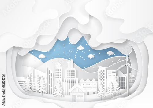 Urban cityscape on snow winter background.Paper art style of nature and environment conservation concept design.Vector illustration.