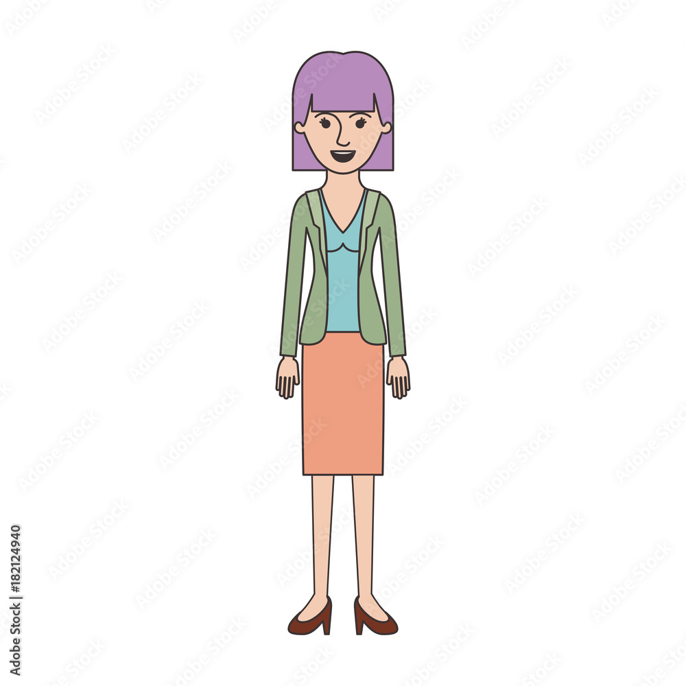 woman full body with blouse and jacket and skirt and heel shoes with mushroom hairstyle in colorful silhouette vector illustration woman full body with blouse and jacket and skirt and heel shoes with mushroom hairstyle in colorful silhouette vector illustration