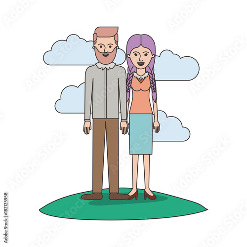 couple colorful scene outdoor and him with beard and shirt and pants and shoes with side parted hairstyle and her with blouse and skirt and heel shoes with braided hair vector illustration