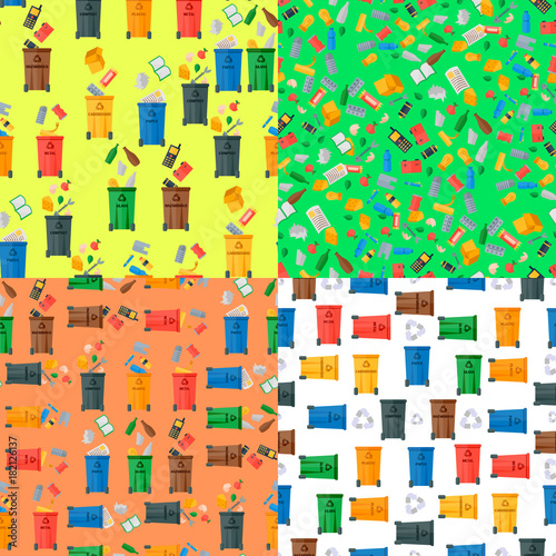 Recycling garbage waste sorting processing seamless pattern background treatment remaking trash utilize icons vector illustration.