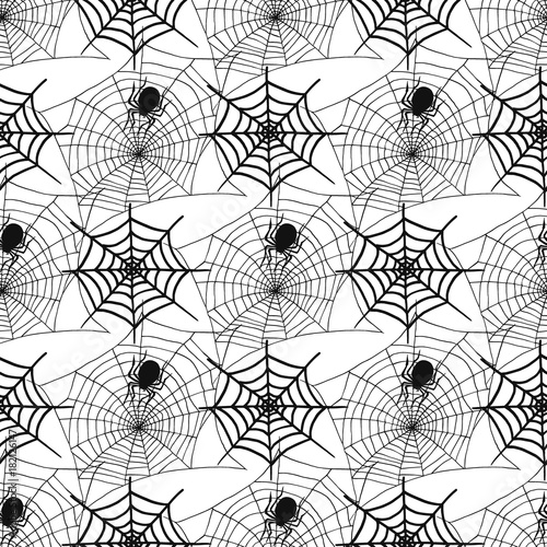 Spiders and spider web silhouette spooky seamless pattern background halloween vector cobweb decoration fear spooky net.