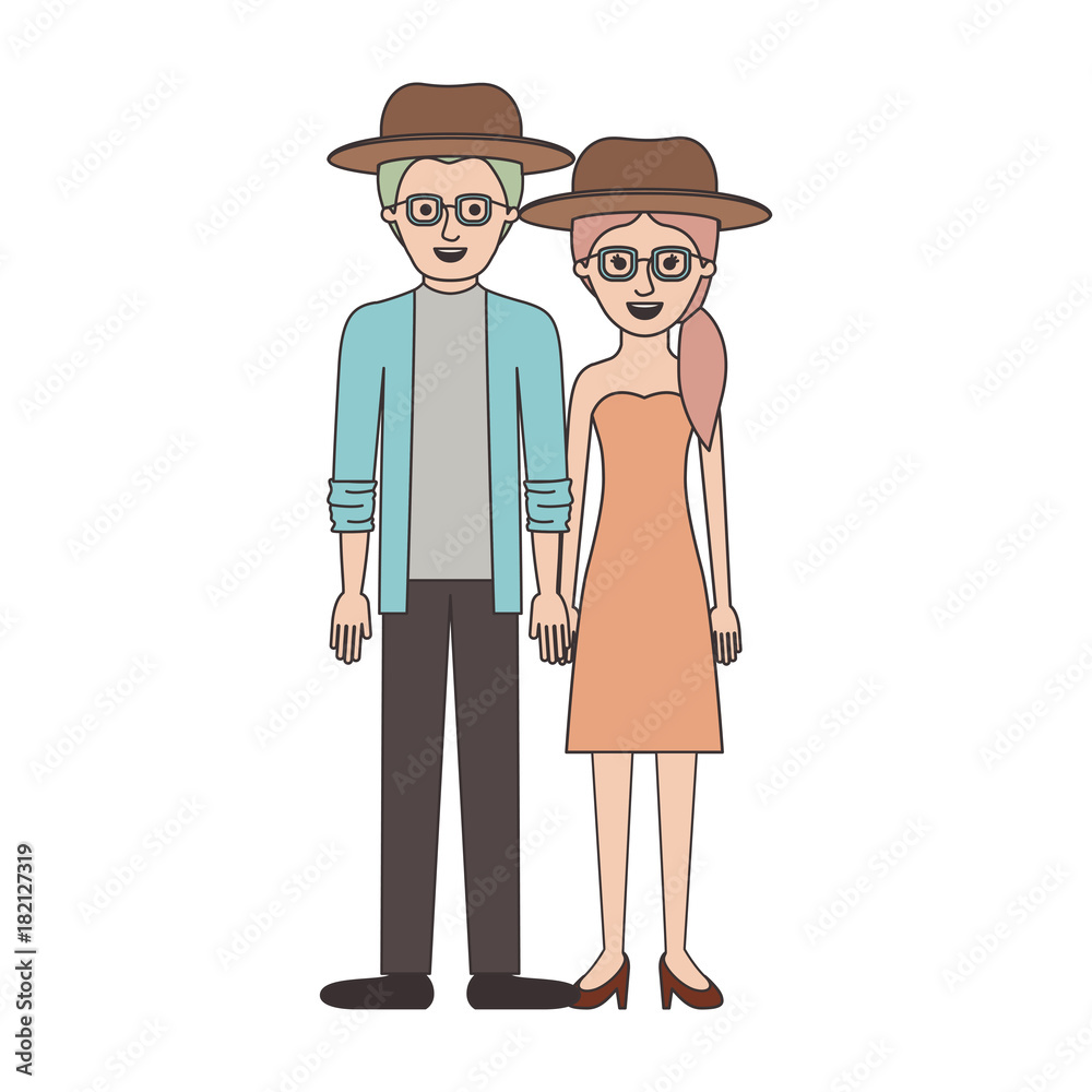 couple colorful silhouette and both with hat and glasses and him with shirt and jacket and pants and shoes and her with strapless dress and heel shoes with pigtail hairstyle vector illustration couple colorful silhouette and both with hat and glasses and him with shirt and jacket and pants and shoes and her with strapless dress and heel shoes with pigtail hairstyle vector illustration