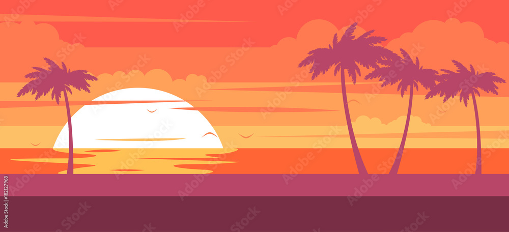 Tropical beach with palm trees and sea - summer resort at sunset