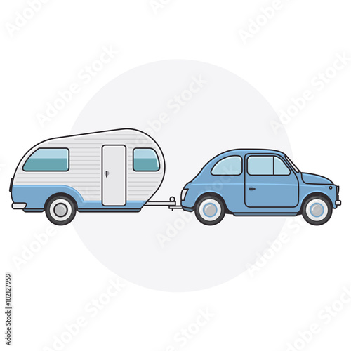 Retro car with camper trailer - travel on vintage automobile