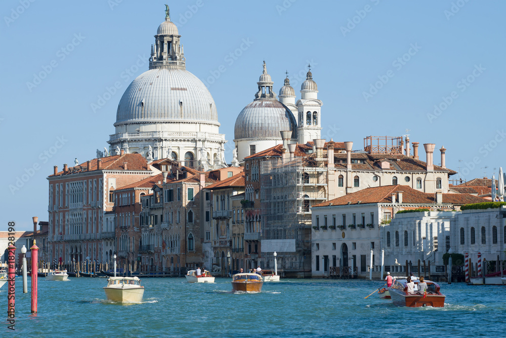 Dome of the Cathedral of Santa Maria della Salute above the Grand Canal. Venice, Italy