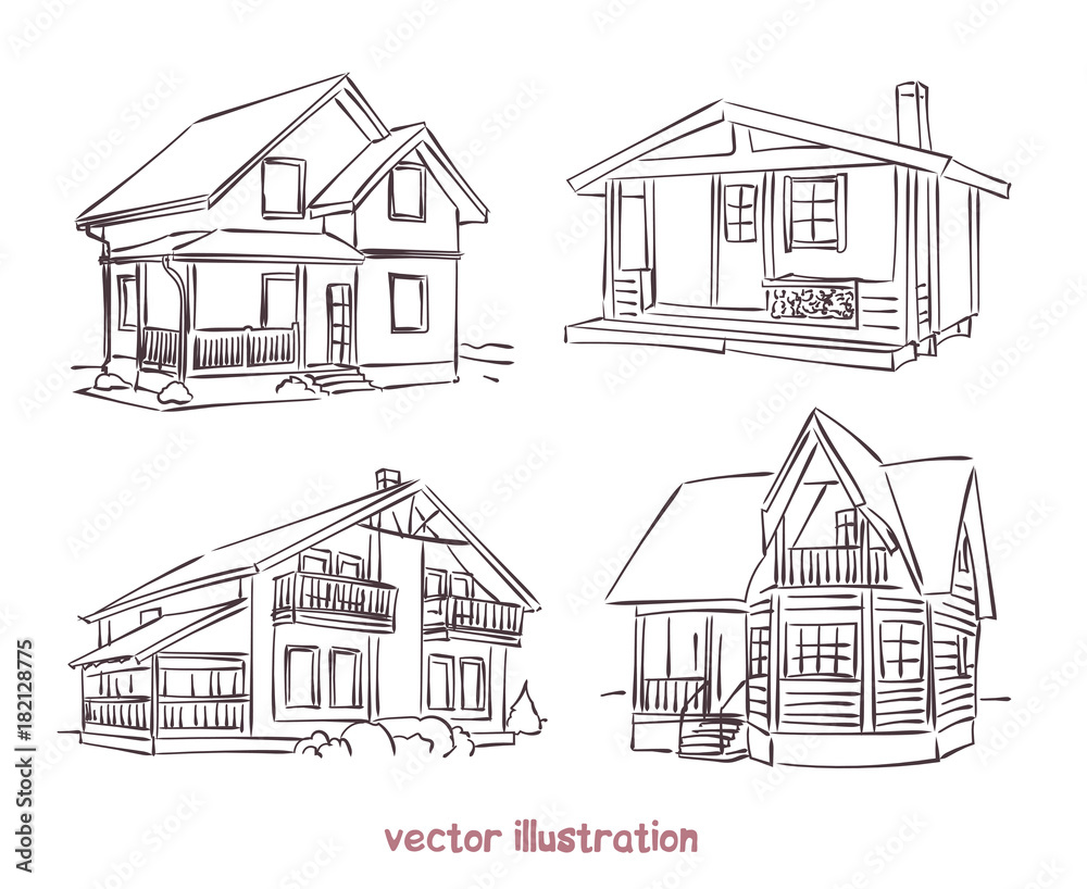 vector sketch set of wooden house