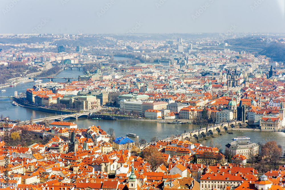 Prague scenic panoramic aerial view of the cityscape with Vltava river and Charles bridge, Czech Republic