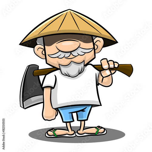 Old Traditional farmers shouldered a hoe cartoon vector
