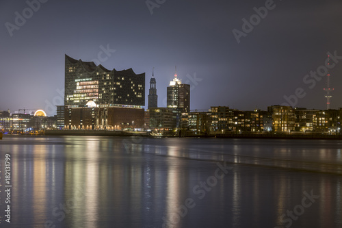 nightly panorama of the harbor of Hamburg Germany © gerckens.photo