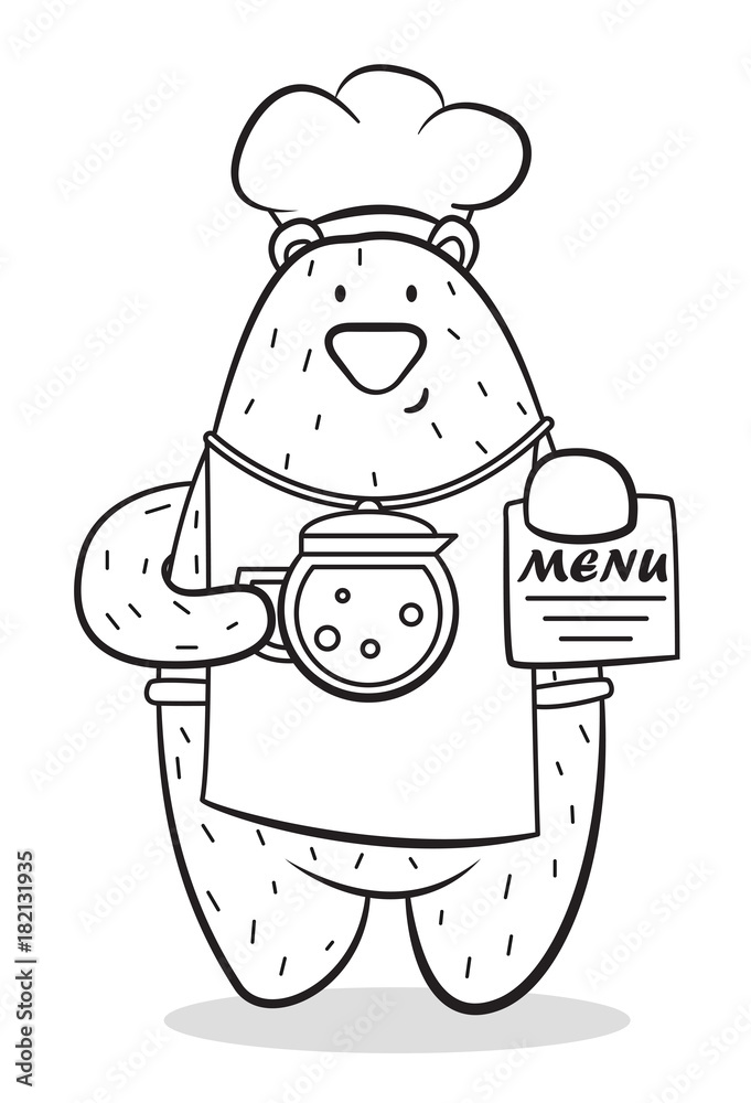 a bear in an apron holds a teapot with hot coffee,cartoon character,bear-cook, vector image,black and white picture a bear in an apron holds a teapot with hot coffee,cartoon character,bear-cook, vector image,black and white picture