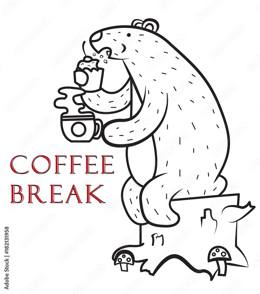 Obraz premium the bear eats a cupcake and drinks a fragrant drink,coffee break, vector image, cartoon character,black and white picture