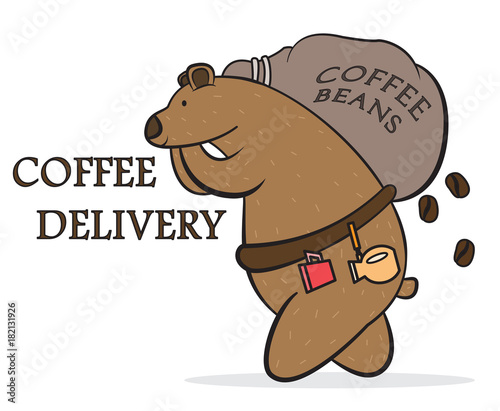 bear carries a big bag with coffee beans, coffee delivery, vector image, cartoon character