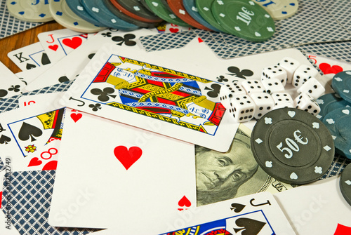 Image of cards and chips for poker playing close-up