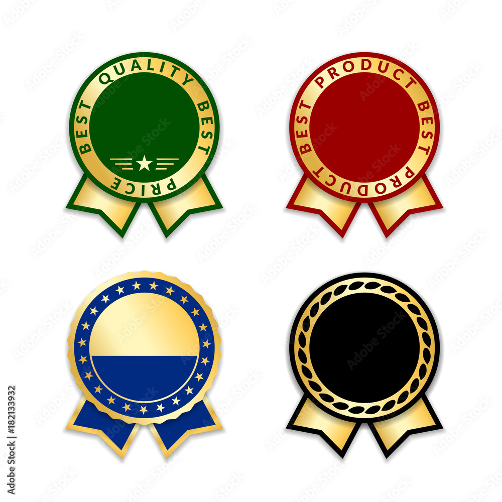 Ribbon award best price labels set. Gold ribbon award icons isolated white background. Best quality golden label for medal, best choice, price, certificate guarantee product Vector illustration Ribbon award best price labels set. Gold ribbon award icons isolated white background. Best quality golden label for medal, best choice, price, certificate guarantee product Vector illustration