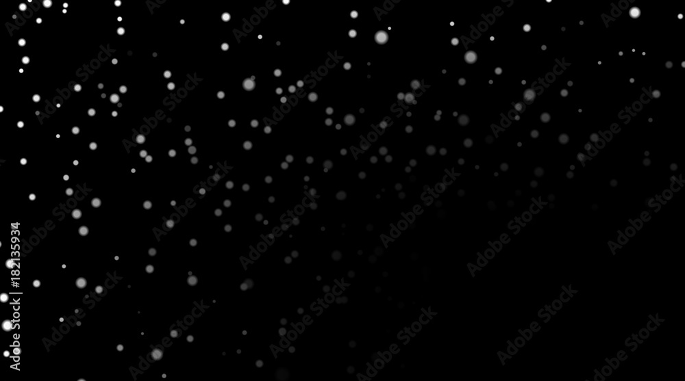 White snow on black background. Winter abstract texture witn falling silver snow. Splash spray dust design for Christmas card, Happy New Year pattern. Confetti border template Vector illustration