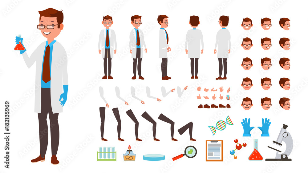 Scientist Man Vector. Animated Character Creation Set. Full Length, Front, Side, Back View, Accessories, Poses, Face Emotions, Hairstyle, Gestures. Isolated Flat Cartoon Illustration Stock Vector | Adobe Stock Scientist Man Vector. Animated Character Creation Set. Full Length, Front, Side, Back View, Accessories, Poses, Face Emotions, Hairstyle, Gestures. Isolated Flat Cartoon Illustration Stock Vector | Adobe Stock