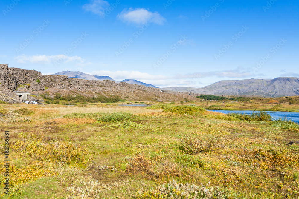 rift valley with Oxara river in Thingvellir park