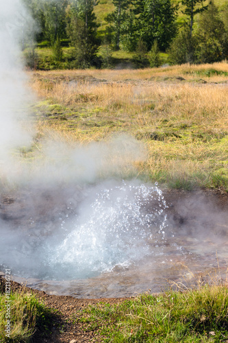 small geyser in Haukadalur valley in Iceland