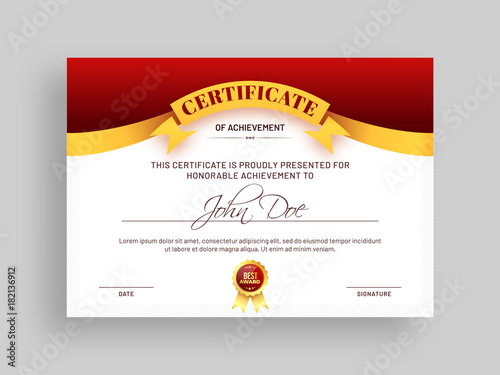 Certificate of achievement template with red and golden design and badge.