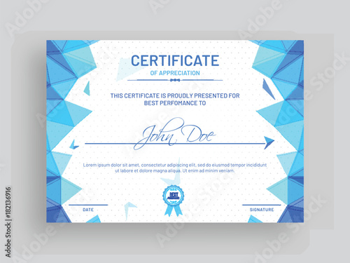 Certificate of appriciation template with blue abstract design and badge.