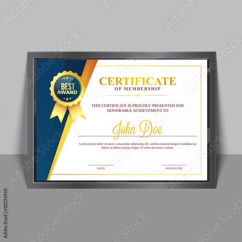 Certificate of membership template with blue and golden design and badge.