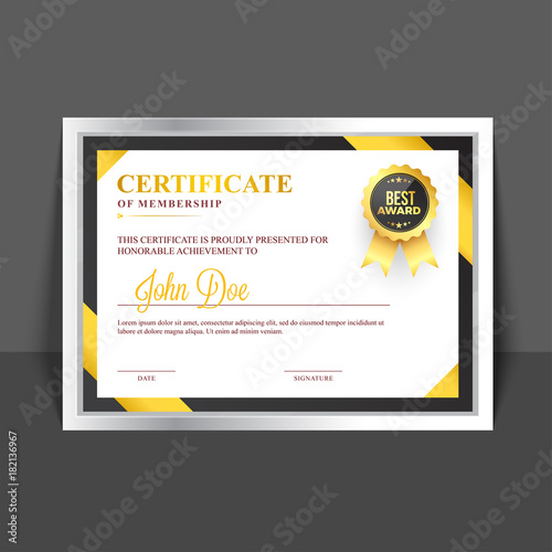 Certificate of membership template with yellow and golden abstract and badge.