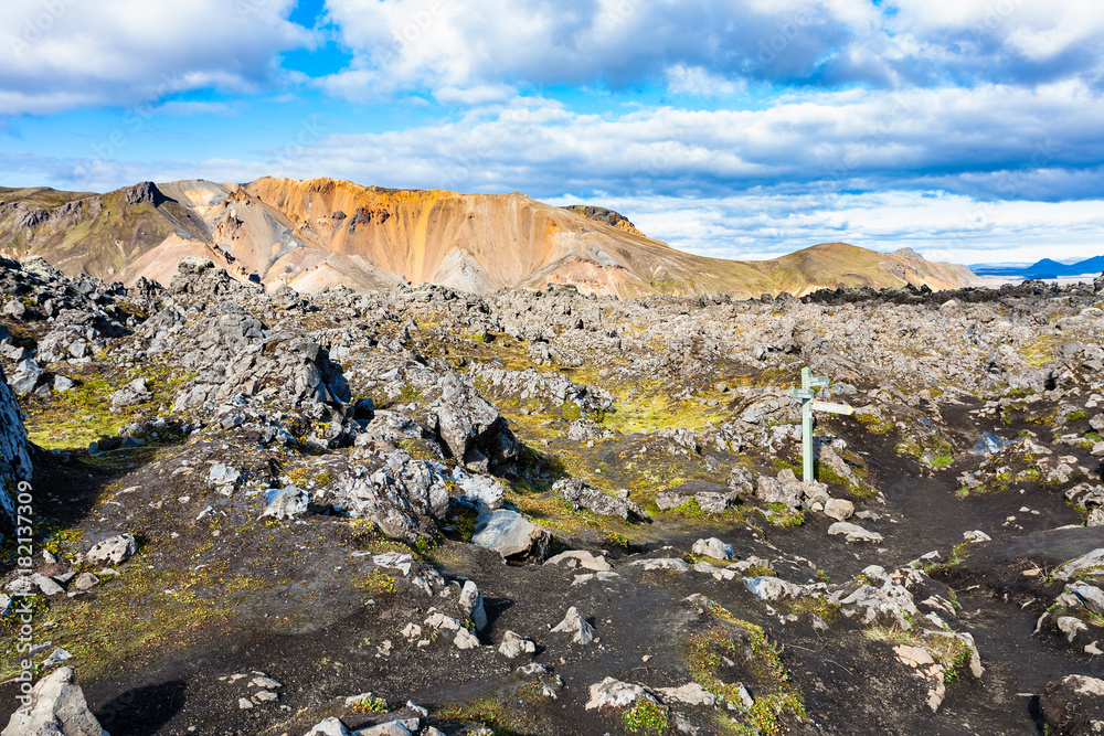 waymark at Laugahraun lava field in Iceland