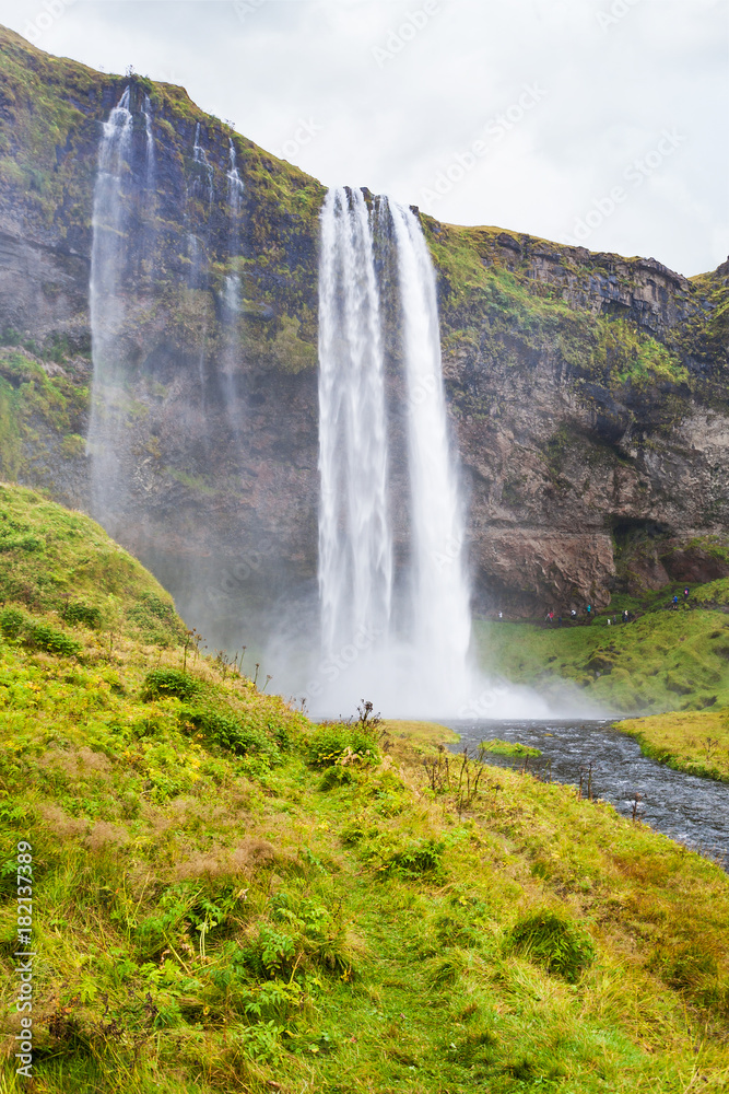 green riverbank and Seljalandsfoss waterfall green riverbank and Seljalandsfoss waterfall