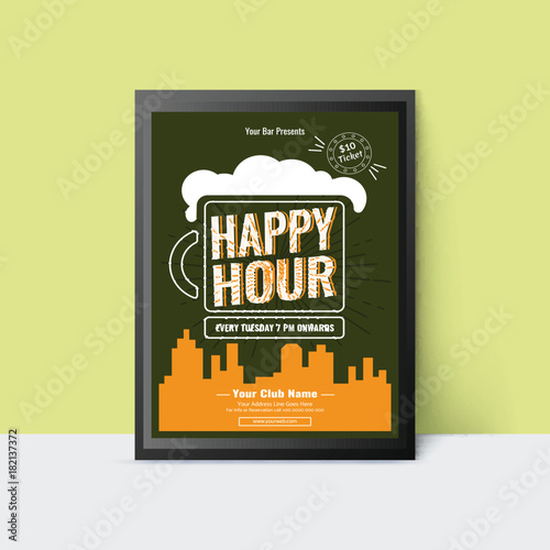 Happy Hour template with beer mug for web, poster, flyer, invitation to party in teal and yellow color.