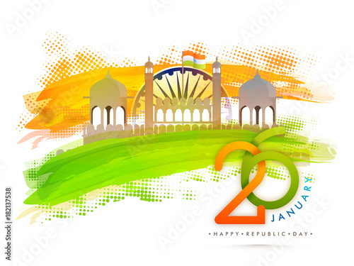 Indian monument, Red Fort with stylish text 26th January on triocolors background.