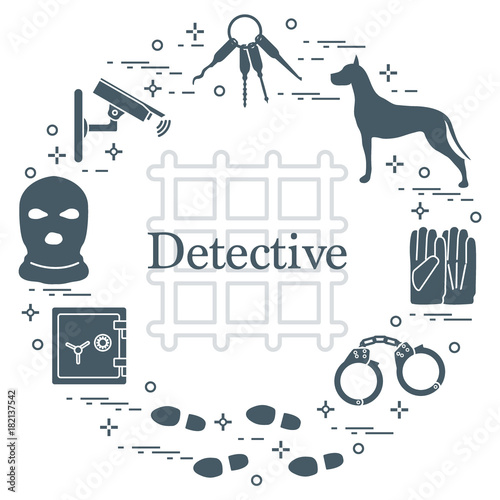 Criminal and detective elements. Crime, law and justice vector icons.