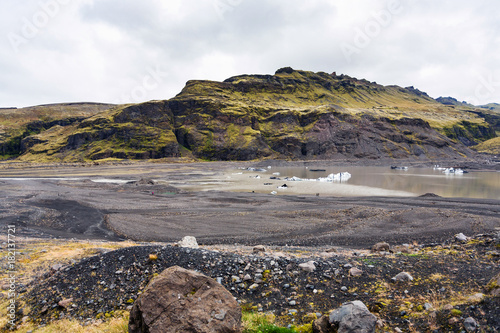 melting ice in bed of Solheimajokull glacier photo