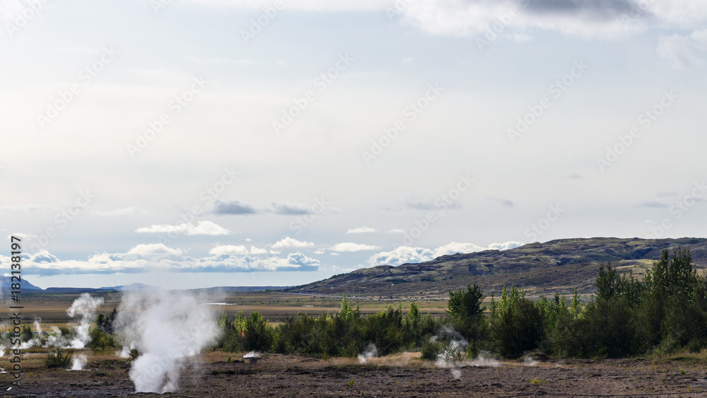 view of Haukadalur geyser valley in Iceland