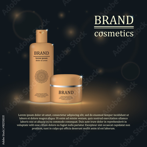 3D realistic cosmetic bottle ads template. Cosmetic brand advertising concept design with glitters and bokeh background