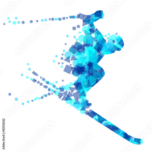 Silhouette of a racing mountain skier in a jump.