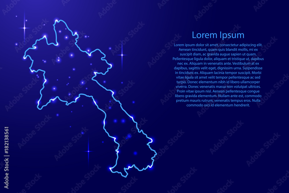 Map Laos from the contours network blue, luminous space stars for banner, poster, greeting card, of vector illustration