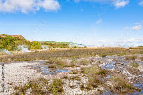 Haukadalur hot spring valley in Iceland in autumn