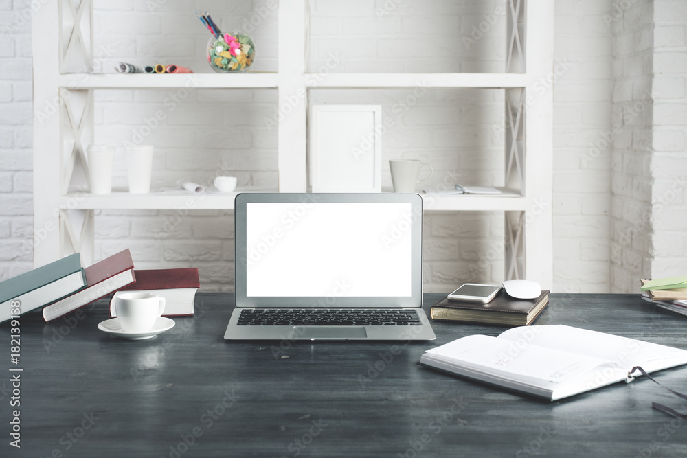 Fototapeta premium Hipster office desktop with empty laptop monitor