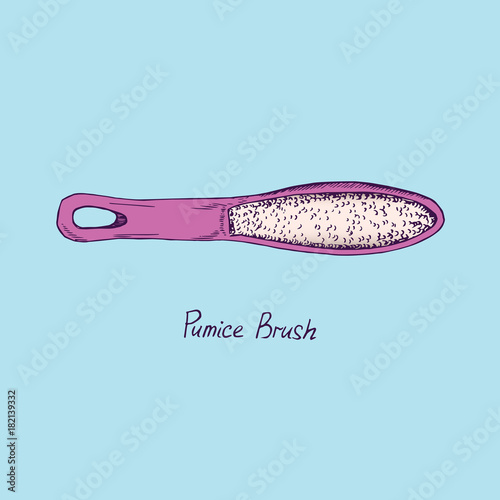 Pink pumice brush, hand drawn doodle sketch with inscription, isolated vector color illustration