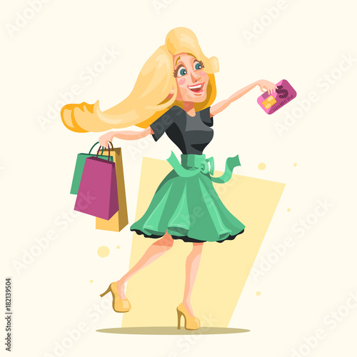 Women on shopping. Cute blond girl with shopping bags and credit card on high heels. Cartoon adorable character