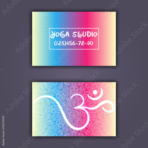 Business card for yoga studio or yoga instructor. Ethnic background with mandala ornament and ohm